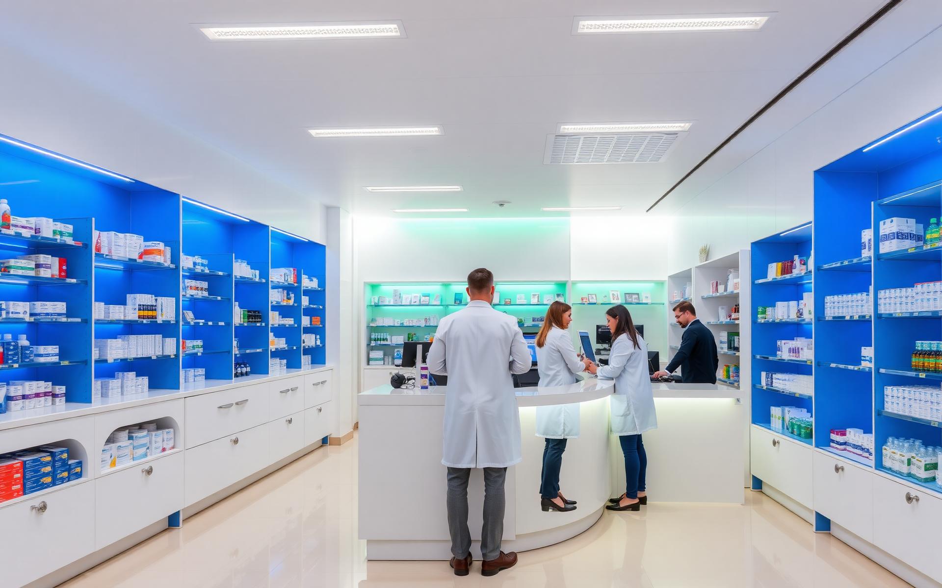 Farmácia moderna com farmacêuticos atendendo clientes